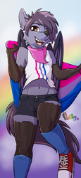 Size: 739x1600 | Tagged: safe, artist:punkpega, oc, oc only, oc:nyn indigo, bat pony, canine, equine, fictional species, hybrid, mammal, pony, timber wolf (mlp), anthro, friendship is magic, hasbro, my little pony, anthrofied, bandanna, bisexual pride flag, bottomwear, clothes, converse, femboy, flag, front view, hair, knee-high socks, legwear, male, midriff, open mouth, pride, pride flag, rainbow, raised leg, shoes, shorts, signature, socks, solo, solo male, standing, tail, tank top, teeth, thigh highs, topwear, webbed wings, wings