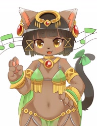 Size: 1000x1300 | Tagged: safe, artist:faeki_dk, oc, oc only, cat, feline, mammal, anthro, 2017, belly button, bikini, bow, claws, clothes, ear piercing, earring, female, front view, gesture, hair, jewelry, loincloth, musical note, necklace, open mouth, paw pads, paws, peace sign, piercing, simple background, solo, solo female, tail, underpaw, white background, yellow eyes