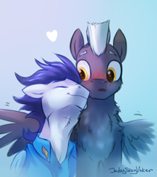 Size: 1779x2000 | Tagged: safe, artist:jedayskayvoker, soarin' (mlp), thunderlane (mlp), equine, fictional species, mammal, pegasus, pony, feral, friendship is magic, hasbro, my little pony, blushing, chest fluff, clothes, cute, duo, duo male, eyes closed, feathered wings, feathers, feral/feral, floppy ears, fluff, folded wings, happy, heart, male, male/male, males only, nuzzling, open mouth, shipping, shirt, signature, simple background, sketch, smiling, soarilane (mlp), spread wings, stallion, topwear, uniform, wings