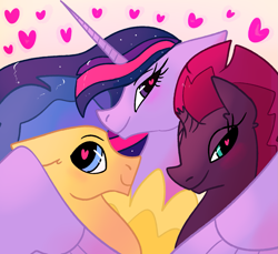 Size: 1425x1303 | Tagged: safe, artist:ch0c0butt, flash sentry (mlp), tempest shadow (mlp), twilight sparkle (mlp), alicorn, equine, fictional species, mammal, pegasus, pony, unicorn, feral, friendship is magic, hasbro, my little pony, my little pony: the movie, bisexual, broken horn, female, female/female, feral/feral, flashlight (mlp), group, heart, heart eyes, horn, hug, male, male/female, mare, polyamory, shipping, smiling, stallion, tempestlight (mlp), tempestsentry (mlp), trio, wing hug, wingding eyes, wings
