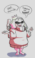 Size: 726x1208 | Tagged: safe, artist:nsfwlk, part of a set, pearl (splatoon), animal humanoid, fictional species, inkling, mammal, mollusk, squid, humanoid, nintendo, splatoon, 2018, barefoot, clothes, crown, dialogue, disembodied hand, eyes closed, female, gray background, oversized clothes, shadow, simple background, smiling, splatoon 2, sweater, talking, tentacle hair, tentacles, topwear