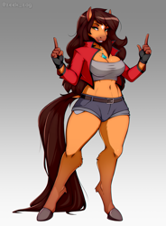 Size: 1838x2500 | Tagged: safe, artist:zeek_zag, oc, oc only, oc:middy, equine, horse, mammal, anthro, unguligrade anthro, belly button, bottomwear, breasts, clothes, crop top, daisy dukes, dock, female, fingerless gloves, gloves, gradient background, green eyes, high res, hooves, lidded eyes, looking at you, midriff, short shorts, shorts, simple background, smiling, solo, solo female, tail, topwear