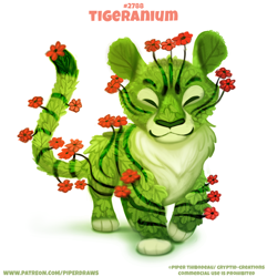 Size: 670x694 | Tagged: safe, artist:cryptid-creations, big cat, feline, fictional species, flora fauna, hybrid, mammal, tiger, feral, ambiguous gender, cheek fluff, chest fluff, eyes closed, flower, fluff, front view, green body, leaf, paws, pun, simple background, solo, solo ambiguous, tail, visual pun, white background