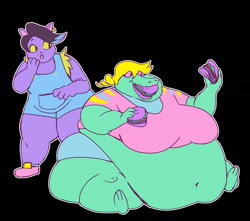 Size: 1280x1129 | Tagged: suggestive, artist:sambaba, bratty (undertale), catty (undertale), cat, crocodile, crocodilian, feline, mammal, reptile, anthro, undertale, 2019, belly button, black background, breasts, burger, butt, clothes, commission, duo, duo female, eating, fat, fat fetish, female, food, huge breasts, huge butt, hyper, hyper belly, lettuce, meat, morbidly obese, obese, overalls, overweight, simple background, stuffing, thick thighs, thighs, tomato, vegetables, weight gain, yellow sclera