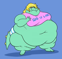 Size: 1280x1214 | Tagged: suggestive, artist:lewdsona, bratty (undertale), crocodile, crocodilian, reptile, anthro, undertale, 2020, belly button, big breasts, blue background, breasts, butt, chubby cheeks, clothes, commission, fat, female, huge belly, huge butt, looking at you, obese, panties, pink sclera, shadow, simple background, solo, solo female, t-shirt, tail, text, thick thighs, thighs, topwear, underwear