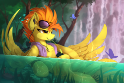 Size: 2300x1542 | Tagged: safe, artist:yakovlev-vad, spitfire (mlp), arthropod, butterfly, crab, crustacean, equine, fictional species, insect, mammal, pegasus, pony, feral, friendship is magic, hasbro, my little pony, 2017, ambient insect, ambient wildlife, blurred background, chest fluff, ear fluff, earbuds, feathered wings, feathers, female, fluff, fur, glasses, hair, hooves, leg fluff, lying down, mare, music, musical note, on back, orange hair, outdoors, partially submerged, pendant, shoulder fluff, solo, solo female, spread wings, sunglasses, tail, tree, water, waterfall, wing fluff, wings, yellow feathers, yellow fur