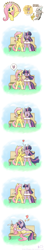 Size: 1025x5843 | Tagged: safe, artist:howxu, angel bunny (mlp), discord (mlp), fluttershy (mlp), twilight sparkle (mlp), draconequus, equine, fictional species, mammal, pegasus, pony, unicorn, feral, semi-anthro, comic:prankstershy, friendship is magic, hasbro, my little pony, 2013, bench, book, comic, duo, female, female/female, green eyes, hair, heart, hooves, horn, kissing, lesbian in front of boys, love heart, lying down, male, mane, mare, prank, shipping, signature, sitting, surprised, tail, text, twishy (mlp), wings