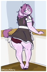 Size: 1282x1964 | Tagged: suggestive, artist:mulberrytarthorse, oc, oc only, oc:mulberry tart, bovid, cattle, cow, mammal, anthro, breasts, clothes, female, looking at you, looking back, looking back at you, maid outfit, panties, panty shot, solo, solo female, tail, underwear