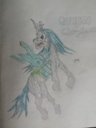 Size: 1024x1366 | Tagged: safe, artist:drekoswordhunter, queen chrysalis (mlp), arthropod, changeling, changeling queen, equine, fictional species, mammal, pony, feral, friendship is magic, hasbro, my little pony, 2020, angry, atg 2020, carapace, crown, female, horn, insect wings, jagged horn, newbie artist training grounds, open mouth, signature, simple background, solo, solo female, tail, teeth, white background, wings