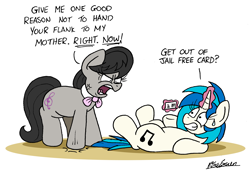 Size: 2300x1576 | Tagged: safe, artist:bobthedalek, octavia melody (mlp), vinyl scratch (mlp), earth pony, equine, fictional species, mammal, pony, unicorn, feral, friendship is magic, hasbro, my little pony, 2020, angry, atg 2020, bow tie, clothes, cross-popping veins, dialogue, duo, duo female, female, glowing, glowing horn, horn, looking at each other, lying down, mare, nervous, newbie artist training grounds, on back, open mouth, rage, signature, sweat, tail, talking, telekinesis