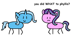 Size: 1000x500 | Tagged: safe, artist:nopony, starlight glimmer (mlp), trixie (mlp), equine, fictional species, mammal, pony, unicorn, feral, friendship is magic, hasbro, my little pony, 2020, angry, atg 2020, dialogue, duo, duo female, female, frowning, horn, mare, newbie artist training grounds, simple background, smiling, solo, solo female, stick ponies, style emulation, tail, talking, white background