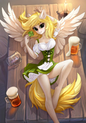 Size: 1000x1427 | Tagged: suggestive, artist:tomatocoup, oc, oc only, oc:dandelion blossom (exilis), equine, fictional species, mammal, pegasus, pony, anthro, friendship is magic, hasbro, my little pony, 2018, alcohol, anthrofied, beer, blonde hair, candle, clothes, clover, cream body, cream fur, digital art, dress, drink, ears, female, fur, green eyes, hair, looking at you, lying down, on back, on table, shamrock, solo, solo female, table, tail, wings