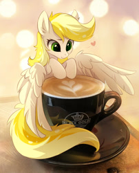 Size: 888x1100 | Tagged: safe, artist:tomatocoup, oc, oc only, oc:dandelion blossom (exilis), equine, fictional species, mammal, pegasus, pony, feral, friendship is magic, hasbro, my little pony, 2018, coffee, cup, cute, ear fluff, feathered wings, feathers, female, fluff, green eyes, hair, heart, hooves, solo, solo female, spread wings, tail, wings, yellow hair