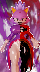 Size: 1080x1920 | Tagged: suggestive, artist:palisal, blaze the cat (sonic), cat, feline, mammal, anthro, sega, sonic the hedgehog (series), 2020, 3d, big breasts, blender, breasts, clothes, female, fur, gloves, latex, lavender fur, lavender tail, legwear, solo, solo female, tail, tights