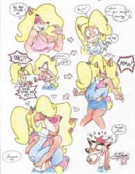 Size: 1700x2192 | Tagged: suggestive, artist:banjokazoo123, coco bandicoot (crash bandicoot), crash bandicoot (crash bandicoot), tawna bandicoot (crash bandicoot), bandicoot, mammal, marsupial, anthro, crash bandicoot (series), breasts, cocotawna (crash bandicoot), confused, female, female/female, group, kissing, lesbian in front of boys, male, shipping, trio