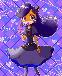 Size: 900x1100 | Tagged: safe, artist:ツナ, coco bandicoot (crash bandicoot), bandicoot, mammal, marsupial, anthro, crash bandicoot (series), 2020, anime, belt, bottomwear, bow, bubblegum, cell phone, checkered background, choker, clothes, cute, dark coco bandicoot, dress, ears, eyeshadow, female, goth, gothic lolita, hair, hair bow, heart, heart eyes, kemono, looking at you, makeup, phone, purple hair, skirt, smartphone, solo, solo female, spider web, standing, tiled background, wingding eyes