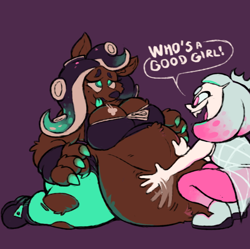 Size: 596x593 | Tagged: suggestive, artist:boot, marina (splatoon), pearl (splatoon), animal humanoid, canine, fictional species, inkling, mammal, mollusk, squid, undead, vampire, werewolf, wolf, humanoid, nintendo, splatoon, 2017, big breasts, breasts, clothes, dialogue, duo, duo female, fat fetish, female, huge belly, purple background, simple background, species swap, splatoon 2, talking, tentacle hair, tentacles, torn clothes, weight gain