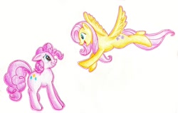 Size: 1000x636 | Tagged: safe, artist:braeburned, fluttershy (mlp), pinkie pie (mlp), earth pony, equine, fictional species, mammal, pegasus, pony, feral, friendship is magic, hasbro, my little pony, 2012, cutie mark, duo, eye contact, feathered wings, feathers, female, female/female, feral/feral, flutterpie (mlp), flying, fur, grin, hair, happy, mare, nervous, open mouth, pink fur, pink hair, raised leg, shipping, side view, simple background, smiling, spread wings, tail, teeth, traditional art, white background, wings, yellow fur