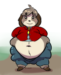Size: 840x1038 | Tagged: suggestive, artist:dimmerolls, digby (animal crossing), canine, dog, mammal, anthro, plantigrade anthro, animal crossing, animal crossing: new leaf, nintendo, 2017, belly button, brown fur, fat, front view, fur, huge belly, hyper, male, morbidly obese, obese, solo, solo male, standing, thick thighs