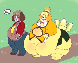 Size: 1280x1037 | Tagged: suggestive, artist:plaxtons-galaxy, digby (animal crossing), isabelle (animal crossing), canine, dog, mammal, shih tzu, anthro, plantigrade anthro, animal crossing, animal crossing: new leaf, nintendo, 2018, barefoot, belly blush, big belly, big breasts, blushing, bottomwear, breasts, butt, clothes, double chin, duo, english text, eyes closed, fat, fat fetish, female, hiccup, huge belly, huge butt, hyper, jeans, male, morbidly obese, obese, onomatopoeia, pants, skirt, stretched clothes, tail, tail wag, text, weight gain