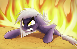 Size: 1965x1242 | Tagged: safe, artist:ikederp, limestone pie (mlp), earth pony, equine, fictional species, mammal, pony, feral, friendship is magic, hasbro, my little pony, 2020, angry, atg 2020, bloodshot eyes, female, fire, gritted teeth, mare, newbie artist training grounds, rage, sharp teeth, solo, solo female, tail, teeth, this will end in pain