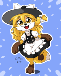 Size: 800x1000 | Tagged: safe, artist:coffgirl, marisa kirisame (touhou), canine, fox, mammal, anthro, touhou, 2015, bottomwear, clothes, dress, female, furrified, skirt, solo, solo female, species swap, tail, vixen, witch, witch hat