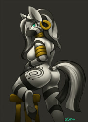 Size: 724x1000 | Tagged: suggestive, artist:mynameis333456, zecora (mlp), equine, mammal, zebra, anthro, unguligrade anthro, friendship is magic, hasbro, my little pony, 2012, anthrofied, breasts, butt, ear piercing, earring, female, green eyes, hooves, looking at you, looking back, mare, piercing, solo, solo female, tail