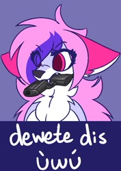 Size: 512x723 | Tagged: safe, artist:mazzlerazz, oc, oc only, canine, mammal, wolf, feral, 2018, ambiguous gender, bust, chest fluff, delet this, eye through hair, fangs, floppy ears, fluff, gun, hair, handgun, holding, image macro, meme, mouth hold, neck fluff, pistol, solo, solo ambiguous, teeth, text, uwu, weapon