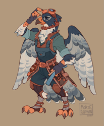 Size: 659x800 | Tagged: safe, artist:morteraphan, bird, bird of prey, falcon, peregrine falcon, anthro, ambiguous gender, arm fluff, beak, belt, bird feet, blue eyes, blue feathers, cheek fluff, chest fluff, clothes, feathered wings, feathers, fluff, front view, goggles, hand hold, head fluff, holding, raised hand, signature, solo, solo ambiguous, spread wings, standing, tail, tail feathers, three-quarter view, wings