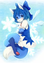 Size: 578x818 | Tagged: safe, artist:kagerofu, cirno (touhou), arctic fox, canine, fox, mammal, anthro, touhou, anthrofied, blue fur, bottomwear, clothes, dress, female, fur, paw pads, paws, puffy sleeves, skirt, snowflake, solo, solo female, species swap, tail, vixen