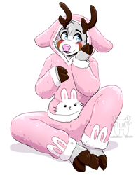 Size: 1608x2074 | Tagged: safe, artist:fleurfurr, cervid, deer, mammal, anthro, unguligrade anthro, antlers, blue eyes, blushing, clothes, cloven hooves, cute, fluff, fur, gray fur, hand on face, head fluff, hoodie, hooves, kemono, looking sideways, male, signature, simple background, sitting, solo, solo male, topwear, watermark, white background