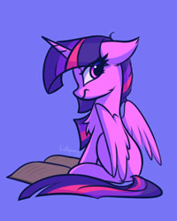 Size: 800x1000 | Tagged: safe, artist:lollipony, twilight sparkle (mlp), alicorn, equine, fictional species, mammal, pony, feral, friendship is magic, hasbro, my little pony, 2020, angry, atg 2020, book, feathered wings, feathers, female, frowning, horn, mare, newbie artist training grounds, reading, sitting, solo, solo female, tail, wings