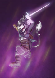 Size: 2480x3508 | Tagged: safe, artist:saiyanhajime, oc, oc only, oc:tangier, mammal, mouse, rodent, anthro, bandage, boots, clothes, high res, jumping, lute, male, open mouth, piercing, ring, solo, solo male, sword, tail