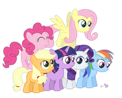 Size: 814x654 | Tagged: safe, artist:dm29, applejack (mlp), fluttershy (mlp), pinkie pie (mlp), rainbow dash (mlp), rarity (mlp), twilight sparkle (mlp), earth pony, equine, fictional species, mammal, pegasus, pony, unicorn, feral, friendship is magic, hasbro, my little pony, 2012, cute, eyes closed, feathered wings, feathers, filly, foal, folded wings, group, happy, horn, jumping, mane six (mlp), on model, signature, simple background, smiling, spread wings, tail, transparent background, wings, young