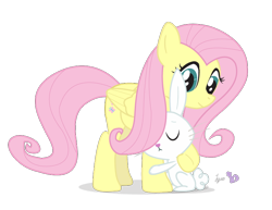 Size: 770x593 | Tagged: safe, artist:dm29, angel bunny (mlp), fluttershy (mlp), equine, fictional species, lagomorph, mammal, pegasus, pony, rabbit, feral, friendship is magic, hasbro, my little pony, 2012, duo, eyes closed, feathered wings, feathers, female, folded wings, male, mare, on model, signature, simple background, smiling, tail, transparent background, wings