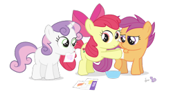Size: 808x438 | Tagged: safe, artist:dm29, apple bloom (mlp), scootaloo (mlp), sweetie belle (mlp), earth pony, equine, fictional species, mammal, pegasus, pony, unicorn, feral, friendship is magic, hasbro, my little pony, 2012, bow, bowl, cutie mark crusaders (mlp), feathered wings, feathers, filly, foal, folded wings, frowning, hair bow, horn, on model, paper, signature, simple background, smiling, tail, transparent background, trio female, wings, young
