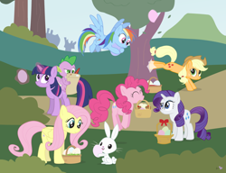 Size: 950x730 | Tagged: safe, artist:dm29, angel bunny (mlp), applejack (mlp), fluttershy (mlp), pinkie pie (mlp), rainbow dash (mlp), rarity (mlp), spike (mlp), twilight sparkle (mlp), dragon, earth pony, equine, fictional species, lagomorph, mammal, pegasus, pony, rabbit, reptile, unicorn, western dragon, feral, semi-anthro, friendship is magic, hasbro, my little pony, 2012, basket, clothes, easter egg, feathered wings, feathers, female, flying, folded wings, freckles, glowing, glowing horn, grass, hat, horn, kicking, male, mane six (mlp), mare, on model, signature, spread wings, tail, telekinesis, tree, wings