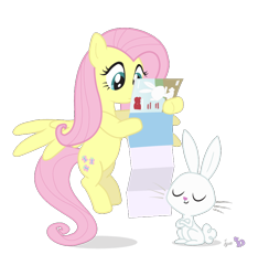 Size: 800x819 | Tagged: safe, artist:dm29, angel bunny (mlp), fluttershy (mlp), equine, fictional species, lagomorph, mammal, pegasus, pony, rabbit, feral, friendship is magic, hasbro, my little pony, 2012, duo, eyes closed, feathered wings, feathers, female, folded wings, male, mare, on model, signature, simple background, smiling, spread wings, tail, transparent background, wings