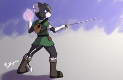 Size: 5100x3300 | Tagged: safe, artist:punkpega, oc, oc only, oc:tangier, mammal, mouse, rodent, anthro, 2018, absurd resolution, bandage, black fur, blue eyes, boots, clothes, digital art, ear piercing, ears, fur, lute, magic, male, musical instrument, piercing, rapier, shoes, signature, solo, solo male, sword, tail, tail tuft, weapon, whiskers