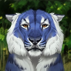 Size: 2500x2500 | Tagged: safe, artist:caraid, big cat, feline, mammal, tiger, feral, ambiguous gender, blue fur, blurred background, brown eyes, bust, cheek fluff, digital art, digital painting, ear fluff, fluff, front view, fur, high res, looking at you, neck fluff, non-sapient, outdoors, portrait, scar, solo, solo ambiguous, whiskers, white fur