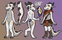 Size: 3400x2200 | Tagged: safe, artist:swizzlestix, oc, oc only, oc:dexy (chandexy), fictional species, kobold, reptile, anthro, digitigrade anthro, ambiguous gender, belly button, butt, clothes, ear piercing, featureless crotch, front view, fur, gradient background, gray scales, heart, heart on butt, high res, horns, industrial piercing, leg wraps, looking at you, orange body, orange eyes, piercing, rear view, reference sheet, reptile feet, reptile soles, scales, scarf, soles, solo, solo ambiguous, spotted fur, standing, tail, wraps