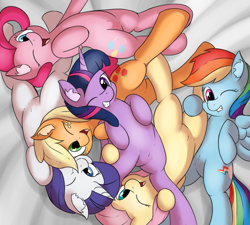 Size: 667x600 | Tagged: safe, artist:fearingfun, applejack (mlp), fluttershy (mlp), pinkie pie (mlp), rainbow dash (mlp), rarity (mlp), twilight sparkle (mlp), alicorn, earth pony, equine, fictional species, mammal, pegasus, pony, unicorn, feral, friendship is magic, hasbro, my little pony, 2d, cuddle puddle, cuddling, cute, ear fluff, female, fluff, grin, happy, horn, looking at you, lying down, mare, on back, one eye closed, open mouth, pile, smiling, tail, winking
