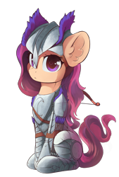 Size: 1150x1700 | Tagged: safe, artist:freeedon, oc, oc only, oc:lizy, equine, mammal, pony, feral, friendship is magic, hasbro, my little pony, 2018, armor, arrow, bow, commission, cute, female, hair, helmet, kemono, mane, mare, pink hair, pink mane, simple background, sitting, solo, solo female, tail, transparent background
