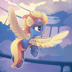 Size: 2200x2200 | Tagged: safe, artist:freeedon, spitfire (mlp), equine, fictional species, mammal, pegasus, pony, feral, friendship is magic, hasbro, my little pony, cloud, feathered wings, feathers, female, flying, goggles, high res, mare, outfit, signature, sky, solo, solo female, spread wings, tail, wings