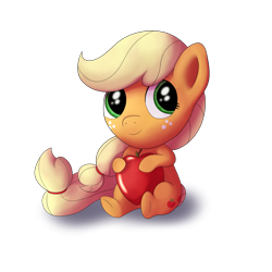 Size: 1500x1500 | Tagged: safe, artist:redquoz, applejack (mlp), earth pony, equine, fictional species, mammal, pony, feral, friendship is magic, hasbro, my little pony, 2016, apple, chibi, cutie mark, female, freckles, hair tie, mare, simple background, sitting, smiling, smol, solo, solo female, tail, transparent background