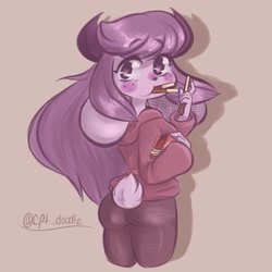 Size: 2048x2048 | Tagged: safe, artist:artisticjarhead, oc, oc only, oc:usagi, lagomorph, mammal, rabbit, anthro, butt, clothes, female, high res, holding, looking at you, looking back, mouth hold, pocky, purple eyes, solo, solo female, tail