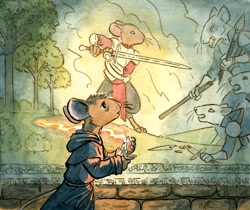Size: 1658x1391 | Tagged: safe, artist:ethanmaldridge, matthias (redwall), mammal, mouse, rat, rodent, anthro, redwall, 2020, armor, candle, clothes, featured image, hairless tail, knight, monk, mural, spear, sword, tail, weapon