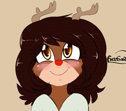 Size: 2152x1900 | Tagged: safe, artist:freefraq, oc, oc only, oc:rue keighland, cervid, deer, mammal, reindeer, anthro, antlers, blushing, brown eyes, female, smiling, solo, solo female