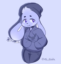 Size: 1966x2048 | Tagged: safe, artist:artisticjarhead, oc, oc only, lagomorph, mammal, rabbit, anthro, blue eyes, blushing, cap, clothes, hat, hoodie, male, smiling, solo, solo male, topwear