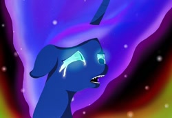 Size: 1024x699 | Tagged: safe, artist:princess-lunestia, nightmare moon (mlp), princess luna (mlp), alicorn, equine, fictional species, mammal, pony, feral, friendship is magic, hasbro, my little pony, 2015, crying, ethereal mane, fangs, female, floppy ears, fluff, hair, horn, mane, mare, open mouth, solo, solo female, starry mane, teeth, transformation